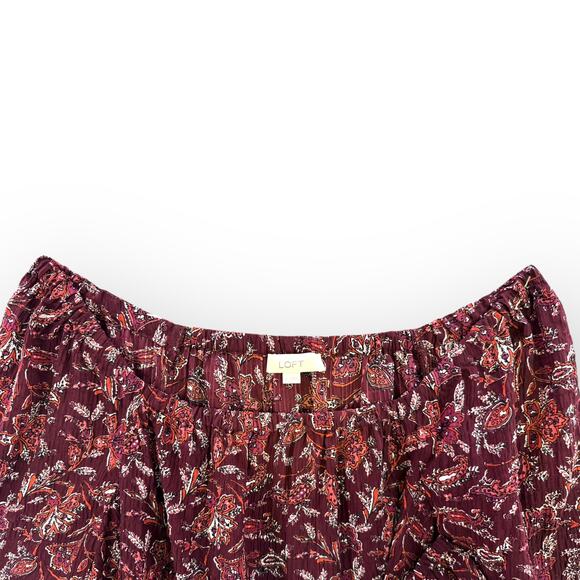 LOFT Maroon Paisley Off Shoulder Peasant Blouse Womens Sz L | Boho Long Sleeve - Picture 4 of 7
